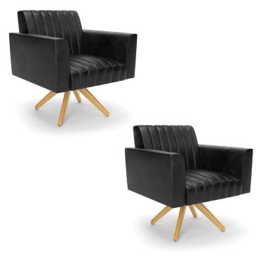 Imagem de Kit 2 Poltronas Giratória Viena Gomada Corano Base De Madeira Ma30 - D'rossi Cor Preto