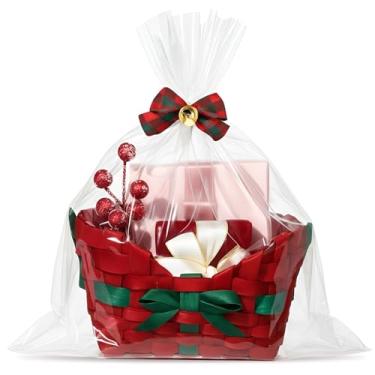 Imagem de Thyle Conjunto de cesta de presente de Natal, cesta vermelha pequena de bambu com alça de bambu com saco de presente transparente e laço xadrez com sino para decoração de festa de Natal, 17,8 x 12,7 x