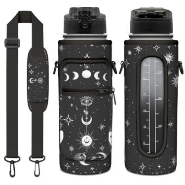 Imagem de Garrafa de água Goth Moon de 1,8 litro com manga - Top sem BPA 946 ml - Marcador de tempo motivacional à prova de vazamento - Presentes góticos para mulheres - Halloween gótico lua para presente