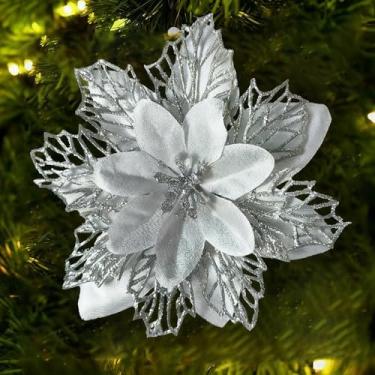 Imagem de YESKY Flores de poinsétia para árvore de Natal, 12 peças de flores de Natal com glitter, flores artificiais de poinsétia com clipes, hastes, enfeites de árvore de Natal para decoração de guirlanda de