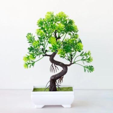 Imagem de Bonsai Artificial com Vaso – Planta Decorativa de Pinheiro e Flores para Casa, Escritório e Jardim(Verde)