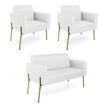 Imagem de Sofá Namoradeira E 2 Poltronas Pé De Ferro Dourado Marisa Corino Branco D03