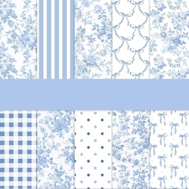 Imagem de Whaline 20 peças de papel de embrulho de flores de laço azul - não rolo - papel de embrulho de presente xadrez listrado com bolinhas florais chinoiserie dobrado plano para casamento, chá de bebê