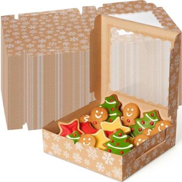Imagem de FoldTier 100 caixas de biscoito de Natal Kraft com janela a granel 22 x 23 x 6 cm, caixas de presente de padaria de floco de neve de Natal para presentes de festa de Natal