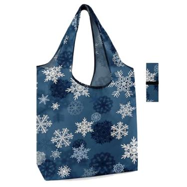 Imagem de Sacolas de compras reutilizáveis de Natal reutilizáveis para neve com faixa elástica dobrável - lavável na máquina para presentes de Natal