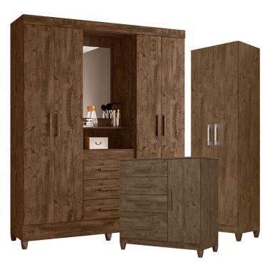 Imagem de Guarda Roupa Casal Capelinha Capri Com Cômoda Vênus Com Pés E Armário Multiuso New íris Castanho Wood - Moval