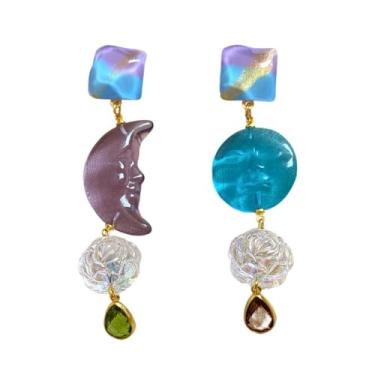 Imagem de Kokoma Brincos femininos com pingente de sol e lua boêmios, gota, zircônia cúbica, pingente de flor, brincos de resina, assimétricos, joias de orelha