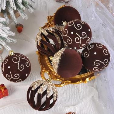 Imagem de HRONG Enfeites de bola de Natal de 8 cm para árvore de Natal, conjunto de 9 peças de decorações penduradas de veludo, para decoração de festa de Natal, aniversário, casamento, Natal (marrom)