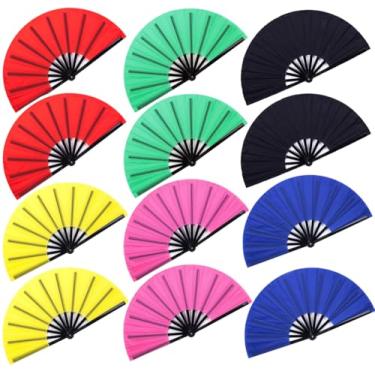 Imagem de Gionforsy 12 peças leque de palmas de tecido grande leque dobrável decorativo dobrável para festa de dança festival (colorido)
