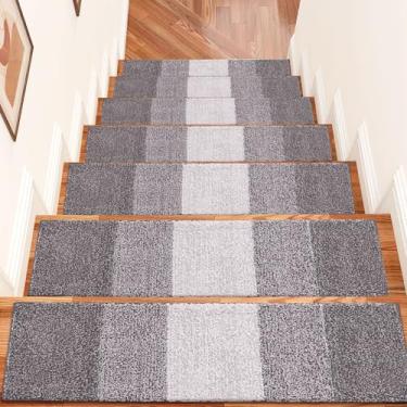 Imagem de OLANLY Escadas antiderrapantes 15 peças, 20 x 76 cm, tapetes de escada para degraus de madeira, tapetes de escada com adesivo reutilizável para crianças, idosos e animais de estimação, cinza claro