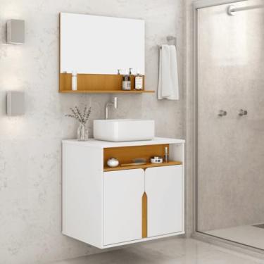 Imagem de Kit Banheiro Harmonia Naturalle com Cuba, Espelho 3mm e Dobradiças Metálicas – Armário Suspenso (Branco)