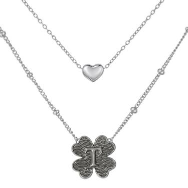 Imagem de MANZHEN Colar feminino com coração e trevo em camadas, inicial A-Z, design decorativo de elos de corrente, joias antigas, 18 Inches, Metal, Sem Pedra Preciosa