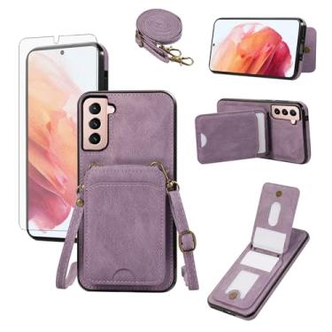 Imagem de Asuwish Capa de telefone para Samsung Galaxy S21 5G 6,2 polegadas capa carteira com protetor de tela de vidro temperado e alça de pulso transversal couro flip porta-cartões acessórios de celular S 21