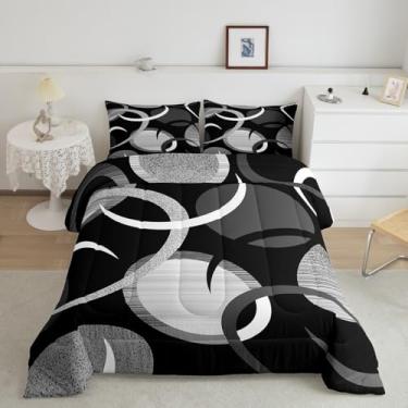 Imagem de Feelyou Conjunto de cama de arte abstrata para crianças, meninos, meninas, tamanho king, preto e cinza, ultramacio, geométrico, arte moderna, conjunto de edredom retrô