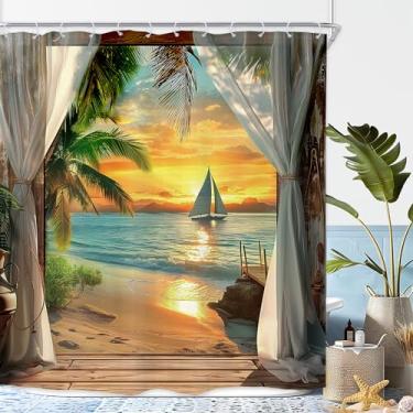 Imagem de Riyidecor Cortina de chuveiro de praia 182 cm L x 182 cm de altura, praia, litoral, oceano, mar, pôr-do-sol, palmeira, tropical, palmeira, cenário, porta de celeiro, verão, decoração de banheiro