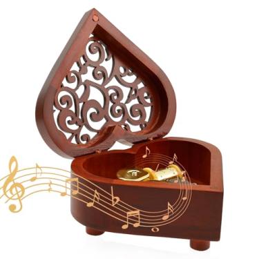 Imagem de Caixa musical com mecanismo esculpido em madeira vintage em forma de coração, caixa de música mecânica, presente para amante, namorada, esposa, marido, dia dos namorados, dia das mães, Natal