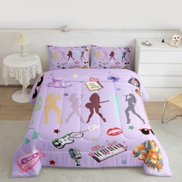 Imagem de Erosebridal Jogo de cama solteiro roxo para amantes de música pop, rock, guitarra, teclado, gravação de teclado, para meninas, adolescentes, decoração romântica e estética