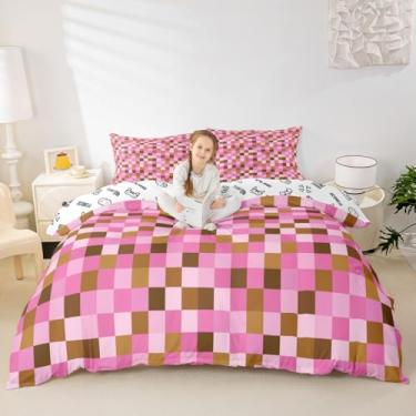 Imagem de Manfei Jogo de cama solteiro com tema Pixel Grid para decoração de quarto de crianças e adolescentes, capa de edredom simples abstrata, marrom, rosa, 2 peças, sem enchimento