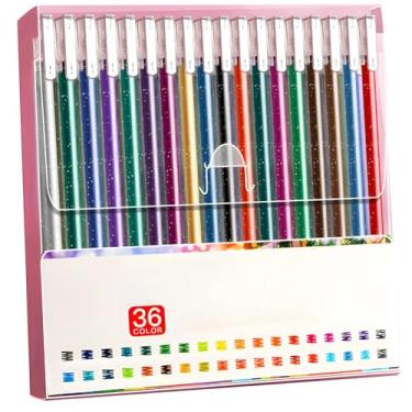 Imagem de Conjunto de canetas de gel com glitter de 36 cores, marcadores metálicos de tinta brilhante para desenho, escrita, diário, álbuns de recortes e artesanato, fluxo suave, acabamento brilhante