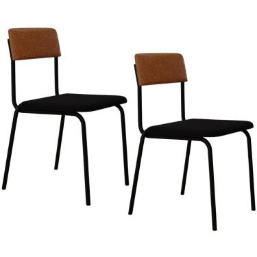 Imagem de Kit 02 Cadeiras Estofada Para Sala De Jantar Sense Preto C01 Linho Preto Courino Caramelo - Lyam Decor