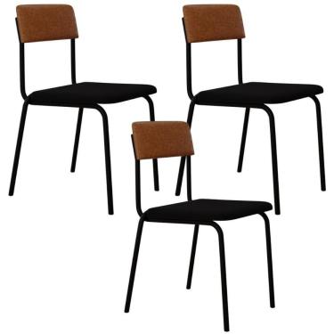 Imagem de Kit 03 Cadeiras Estofada Para Sala De Jantar Sense Preto C01 Linho Preto Courino Caramelo - Lyam Decor