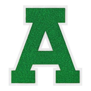 Imagem de 1 Patch de letra de chenille verde de 15 cm com borda branca – adesivos do alfabeto para roupas, jaquetas, mochilas, chapéus para decoração personalizada, nome personalizado e artesanato. (A)