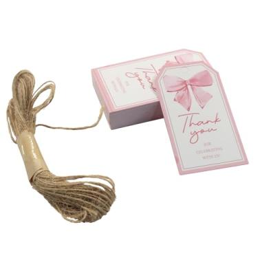 Imagem de Verkelly 50 etiquetas de agradecimento de laço rosa - etiquetas de presente adoráveis com laço dupla face com cordas para casamentos, aniversários, chás de bebê e chás de panela (estilo 1)