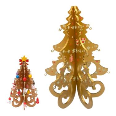 Imagem de Mini Árvore de Natal Decorativa em Madeira, Dourada, 20cm de Altura, com Enfeites Natalinos, Estrela e Pingentes Coloridos, para Mesa e Decoração