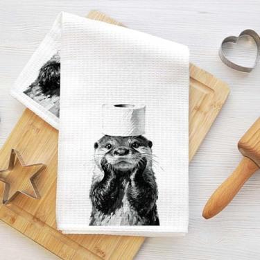 Imagem de Toalhas de cozinha engraçadas de lontra, papel higiênico bem-humorado impressão animal microfibra absorvente toalha de prato decorativa toalha de chá, toalhas de mão waffle para cozinha, casa