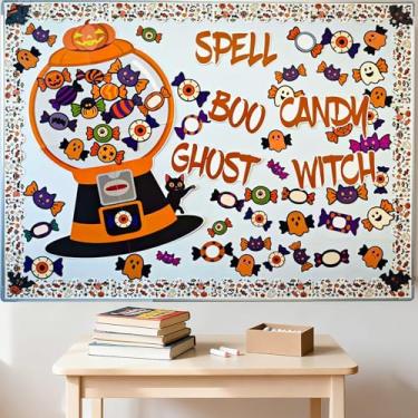 Imagem de Conjunto de decoração de quadro de avisos de Halloween – 107 peças, decoração de sala de aula reutilizável com máquina de doces, faixas, bordas, recortes de doces e pontos de cola, inclui manual de