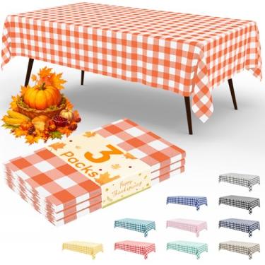 Imagem de misaya Pacote com 3 toalhas de mesa descartáveis de búfalo, 137 x 272 cm, toalha de mesa de plástico impermeável, retangular, branca e laranja, para piquenique, aniversário, festa