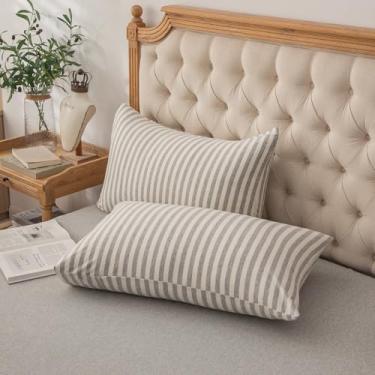 Imagem de PURE ERA Fronhas de malha jersey 100% algodão super macio confortável respirável, conjunto de 2, King 50,8 cm x 91,4 cm, listra cinza e branca