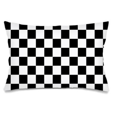Imagem de Capas de almofada preta e branca 50 x 76 cm, capas de almofada xadrez xadrez tamanho queen com fecho de envelope, capa de almofada decorativa de tabuleiro de xadrez esportivo de corrida de carro para