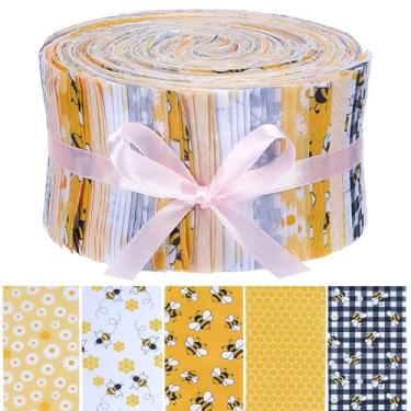 Imagem de WEBEEDY 120 peças de tiras de tecido floral de abelha para acolchoamento, artesanato e costura, pacotes de tecido preto amarelo tiras de colchas para patchwork pré-cortado, artesanato faça você mesmo