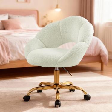 Imagem de SDXYSTCE Cadeira Vanity com pétalas de pelúcia para penteadeira com rodas, cadeira de maquiagem ajustável em altura para quarto, sala de estar (branca)