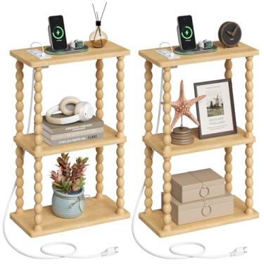 Imagem de ELYKEN Mesa lateral com estação de carregamento, conjunto de 2 mesas de canto pequenas, sala de estar com porta USB e tomada, mesa-de-cabeceira de bambu estreita de 3 camadas para quarto, natural