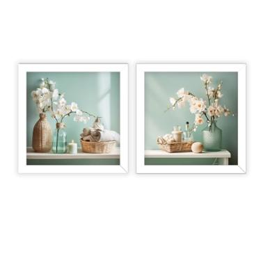 Imagem de kit 2 quadros decorativos banheiro, lavabo, toalete, flores, cyan, vasos, moldura e vidro 18x18 cm(Branco)
