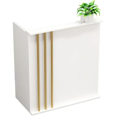 Imagem de Mesa de recepção pequena, balcão de recepção branca com gavetas trancáveis, balcão de varejo moderno, mesa de convenção, loja de roupas, barbearia, hotel, grão de pedra branca, sem armários