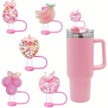 Imagem de 5 peças de cobertura de palha para Stanley Cup New Pink Glitter Fruit Cover Cap 1,134.0 g/850.5 g, tampas de cobertura de palha de silicone 3D para canudos de 10 mm, acessórios festivos para copos e