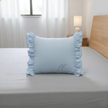 Imagem de Ambition Home Fronha de almofada dupla com babados tamanho padrão francês estilo country vintage com fecho de zíper 100% algodão egípcio fronha para quarto 51 x 66 cm, azul claro