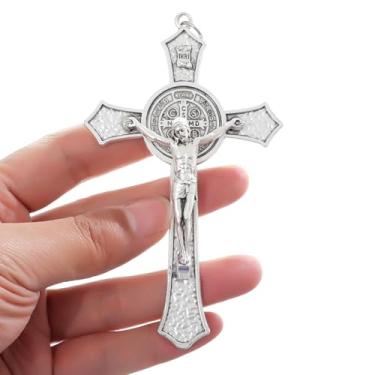 Imagem de KOMI Crucifixo de metal crucifixo pequeno de São Bento para decoração de casa de 12 x 7 cm cruz de Jesus Cristo prata oxiada San Benito proteção presentes de fé católica