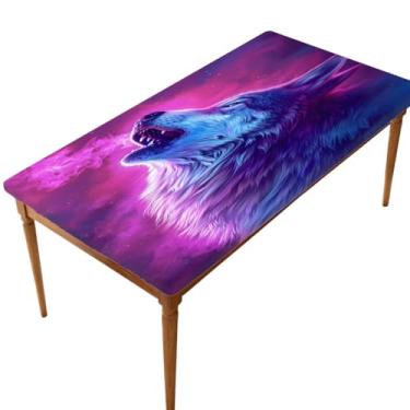 Imagem de hongjinglin Toalha de mesa retangular de 1,8 m com elástico elástico lobo animal roxo capa de mesa retangular elástica capa de mesa protetora de mesa lavável à prova d'água para piquenique, jantar