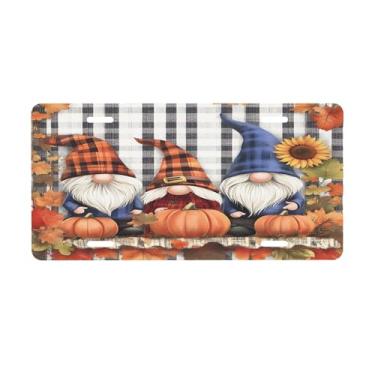 Imagem de Placa de licença Pumpkin Fall Gnomo para frente do carro placas de carro alumínio metal adequado para caminhão, placa de porta de carro, bar, café, acessórios automotivos para homens e mulheres 15 x