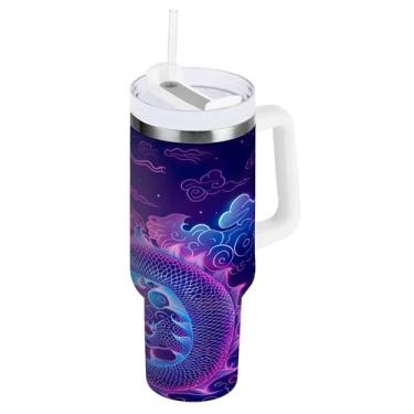 Imagem de xigua Copo vintage com estampa de dragão 1,134 g com tampa e canudo, aço inoxidável de vácuo duplo isolado garrafa de água esportiva suporte para copo de café de viagem à prova de vazamento para