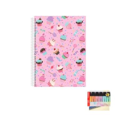 Imagem de Kit Caderno Feminino 10 Matérias 200 Folhas + Caneta Esferográfica Spiro 0.7mm 24 Unidades + Marca Texto Boss 6 Cores Pastel