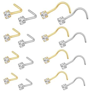 Imagem de Conjunto de 16 peças de piercing de nariz para mulheres de aço cirúrgico piercing de nariz em forma de L para mulheres ouro/prata CZ 20G joias de nariz piercings corporais joias para brincos presente