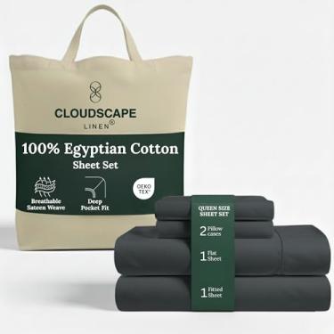 Imagem de Jogo de cama queen de algodão egípcio de camada dupla Cloud Scape Linen – Tecido acetinado de fibra longa, conjunto de cama macio de qualidade hoteleira de 4 peças, bolsos profundos de até 43 cm