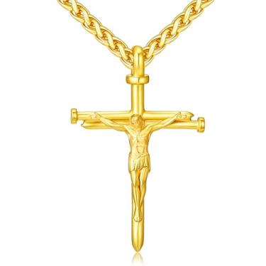 Imagem de Esrial Presentes de Natal com cruz para homens, banhado a ouro 18 K, crucifixo de Jesus, pingente de unhas, ouro/preto/prata 45,7 + 5 cm, confirmação de batismo cristão, presentes religiosos para