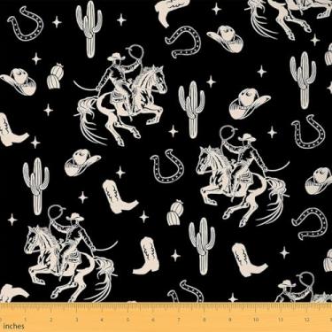 Imagem de Tecido decorativo caubói ocidental por jarda, botas tribais, cacto ferradura, tecido desenhado à mão para estofamento e projetos de bricolage em casa, decoração de quarto preto retrô ocidental rústico