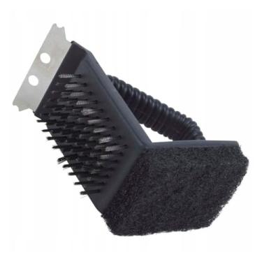 Imagem de Escova 3 em 1 para Limpar Grelhas e Chapas – Cerdas de Aço, Esponja Abrasiva e Raspador Metálico